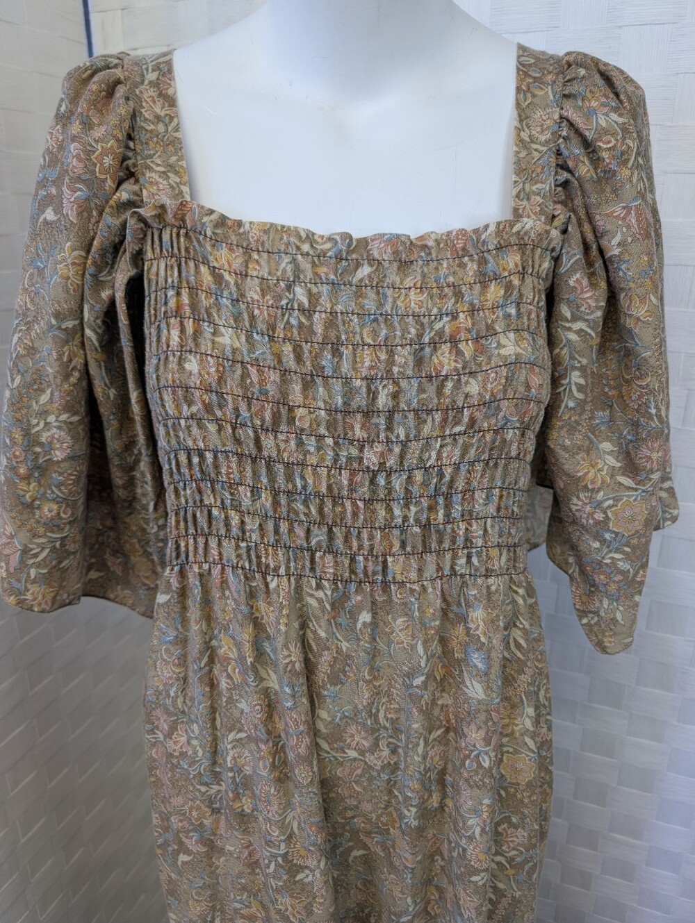 Vintage Dress Handmade Bohemian Smocked Floral Square Neck Brown Paisley XL - Picture 3 of 7